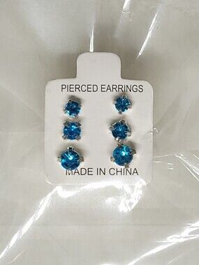 $1 | Blue | Multi‑Size 3‑Pair Rhinestone Stud Earring Set